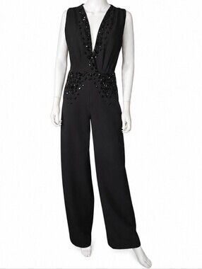 MARCELL VON BERLIN | Black Swarovski Crystal Jumpsuit Deep V Wide Leg NWT US 4
